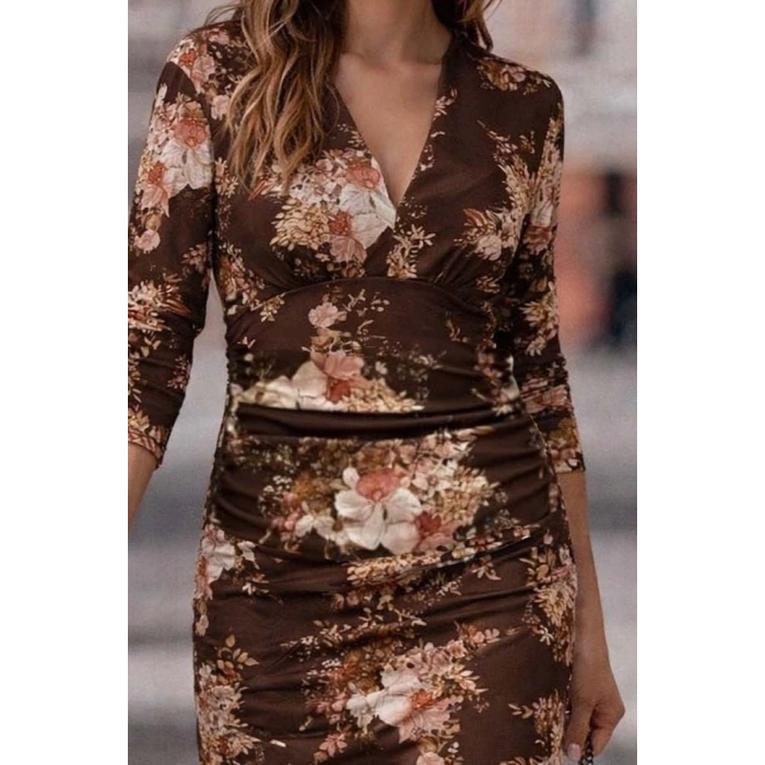 Kadın Uzun Kollu V Yakalı çiçek Desenli Dalgıç Mini Elbise