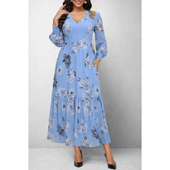 Kadın Uzun Kollu V Yakalı çiçek Desenli Maxi Süprem Elbise