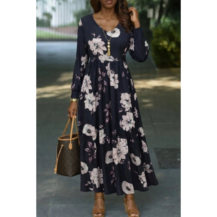 Kadın Uzun Kollu V Yakalı çiçek Desenli Maxi Süprem Elbise