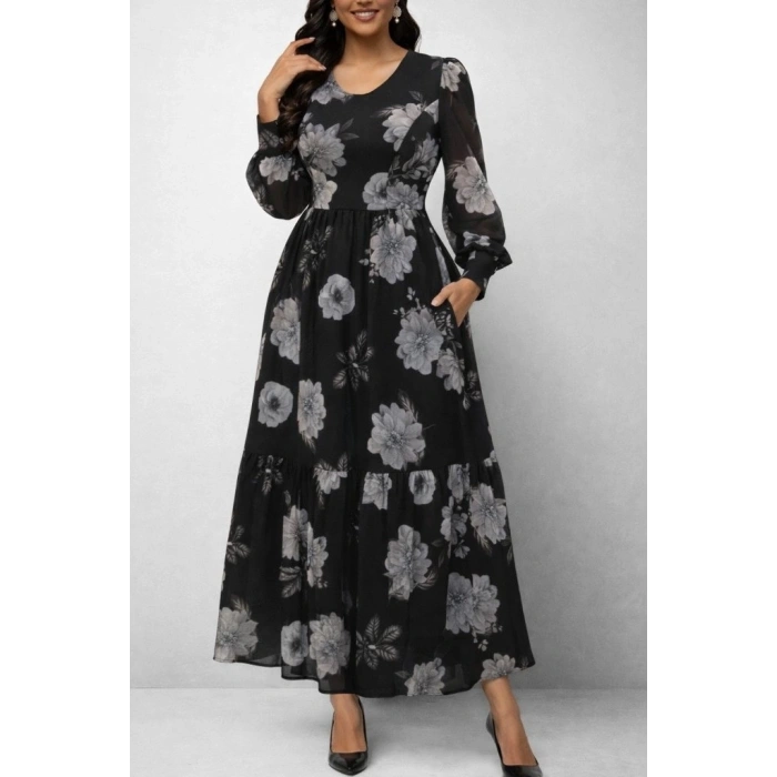 Kadın Uzun Kollu V Yakalı çiçek Desenli Maxi Süprem Elbise