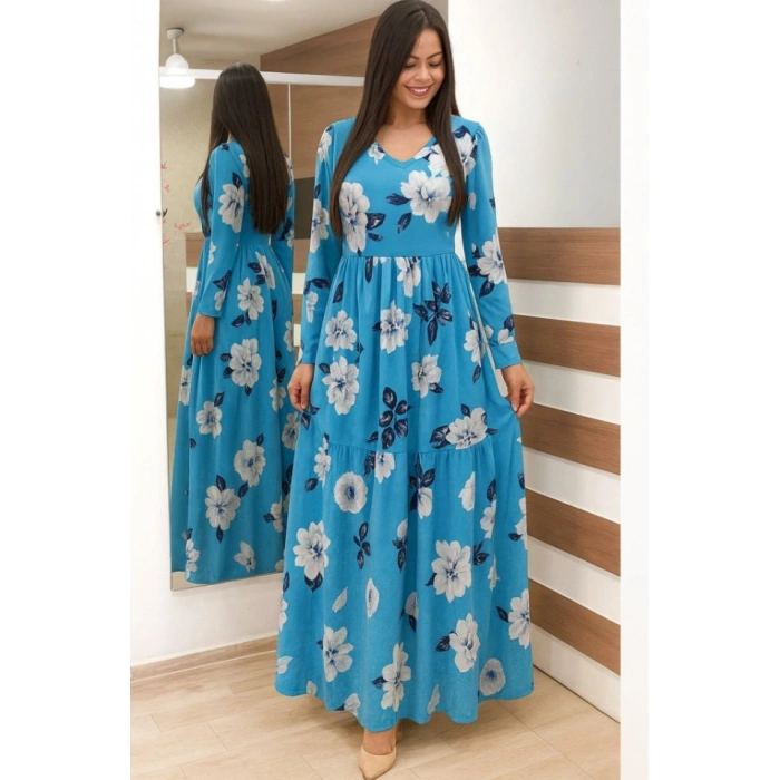 Kadın Uzun Kollu V Yakalı çiçek Desenli Maxi Süprem Elbise