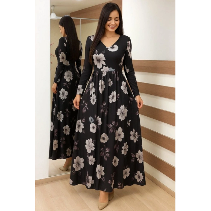 Kadın Uzun Kollu V Yakalı çiçek Desenli Maxi Süprem Elbise