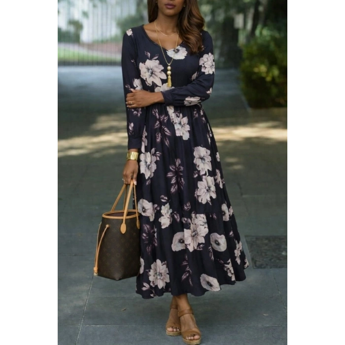 Kadın Uzun Kollu V Yakalı çiçek Desenli Maxi Süprem Elbise