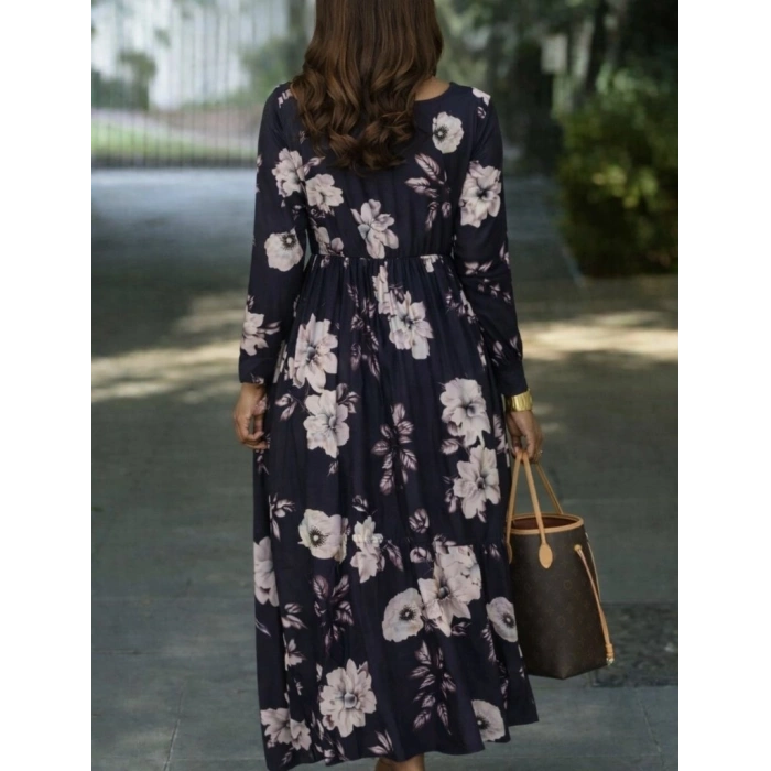 Kadın Uzun Kollu V Yakalı çiçek Desenli Maxi Süprem Elbise