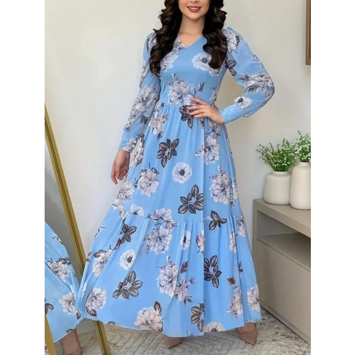 Kadın Uzun Kollu V Yakalı çiçek Desenli Maxi Süprem Elbise