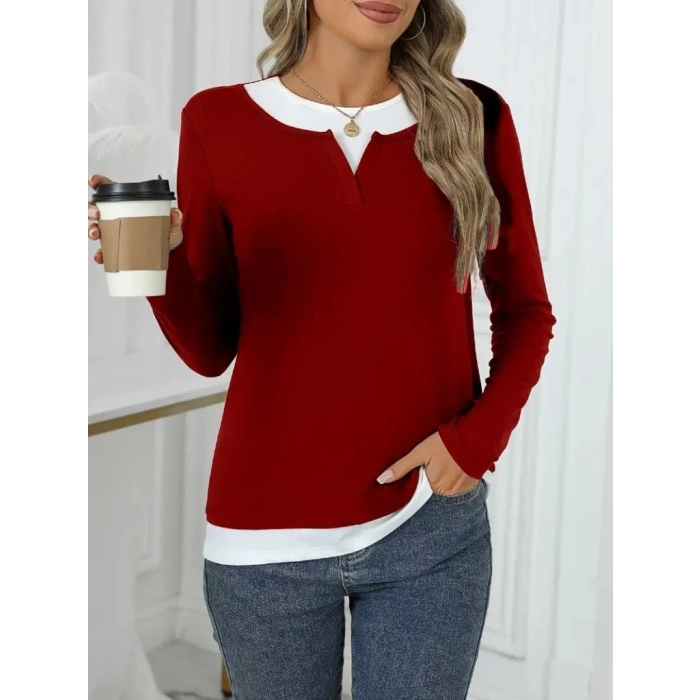 Kadın Uzun Kollu V Yakalı çift Renkli Viskon Iki Iplik Bluz