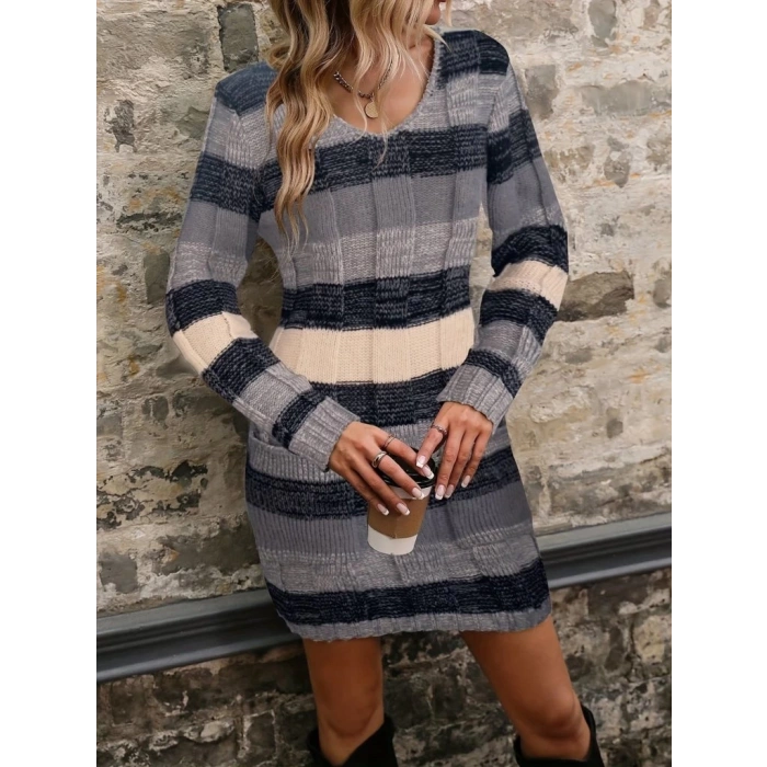 Kadın Uzun Kollu V Yakalı çizgili çok Renkli Triko Mini Elbise