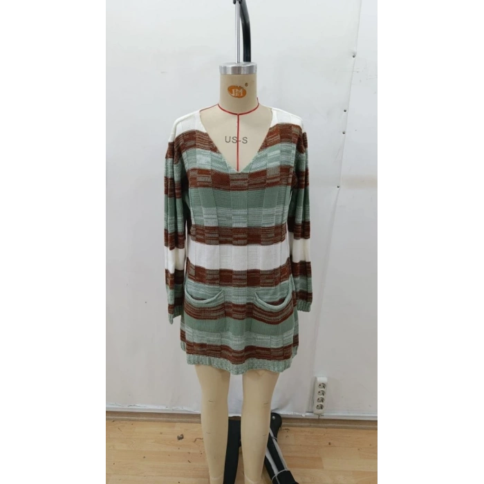 Kadın Uzun Kollu V Yakalı çizgili çok Renkli Triko Mini Elbise