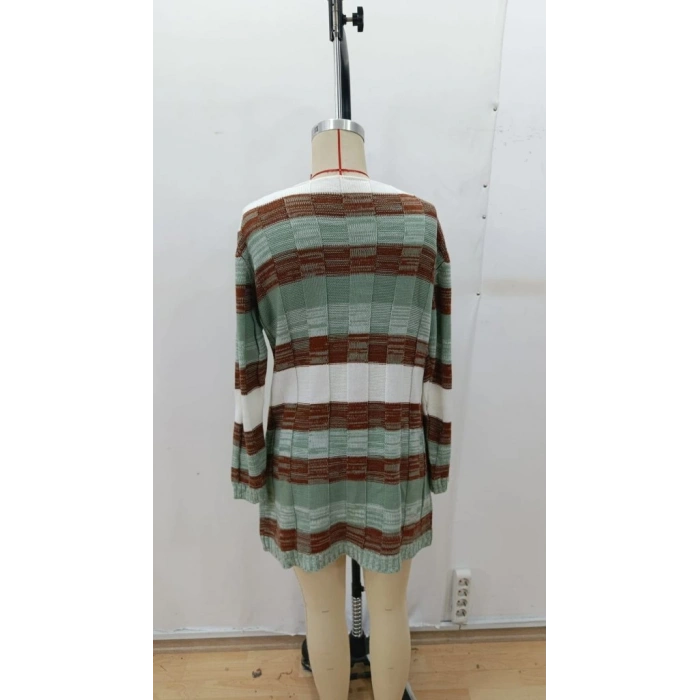 Kadın Uzun Kollu V Yakalı çizgili çok Renkli Triko Mini Elbise