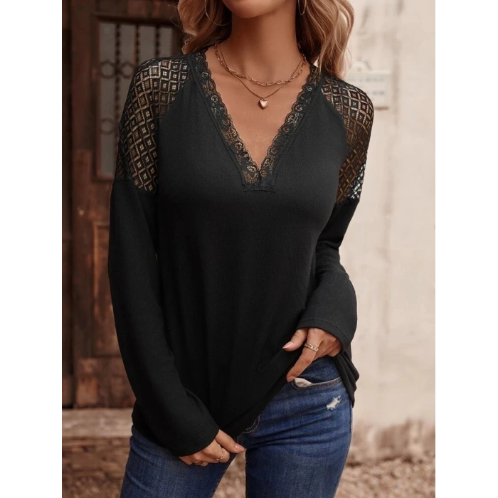 Kadın Uzun Kollu V Yakalı Dantel Detaylı Viskon Bluz