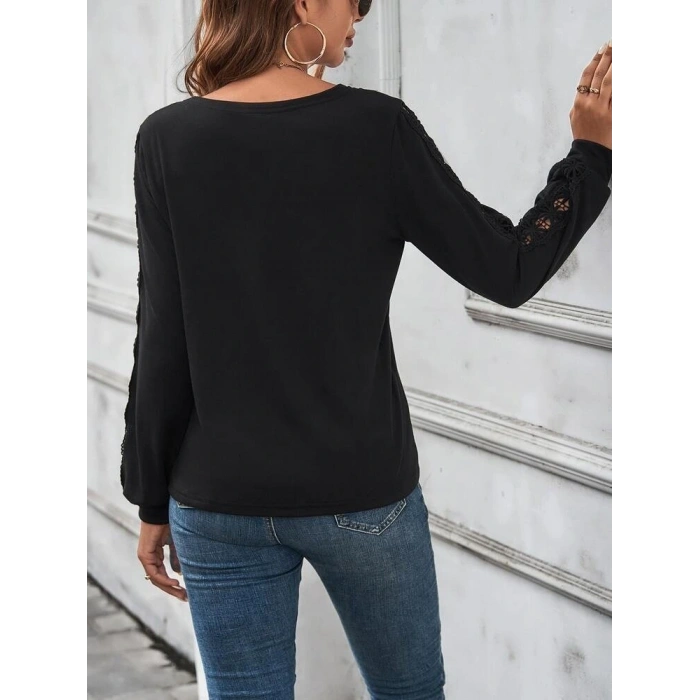 Kadın Uzun Kollu V Yakalı Dantel Detaylı Viskon Bluz