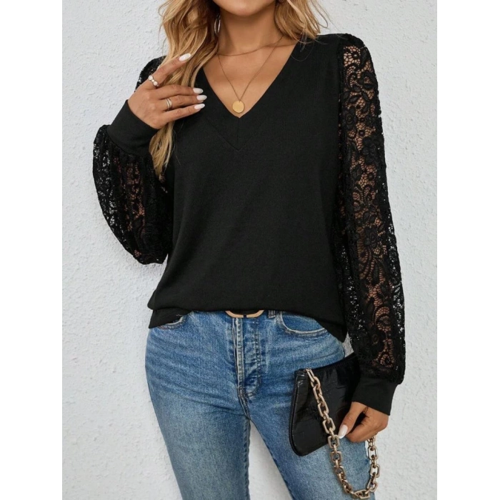 Kadın Uzun Kollu V Yakalı Dantelli Viskon Iki Iplik Bluz