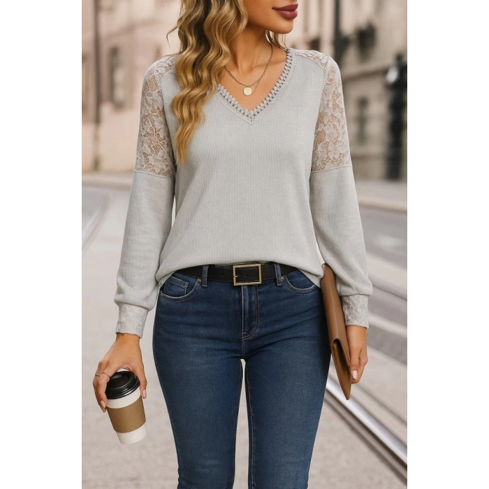 Kadın Uzun Kollu V Yakalı Dantelli Waffle Bluz