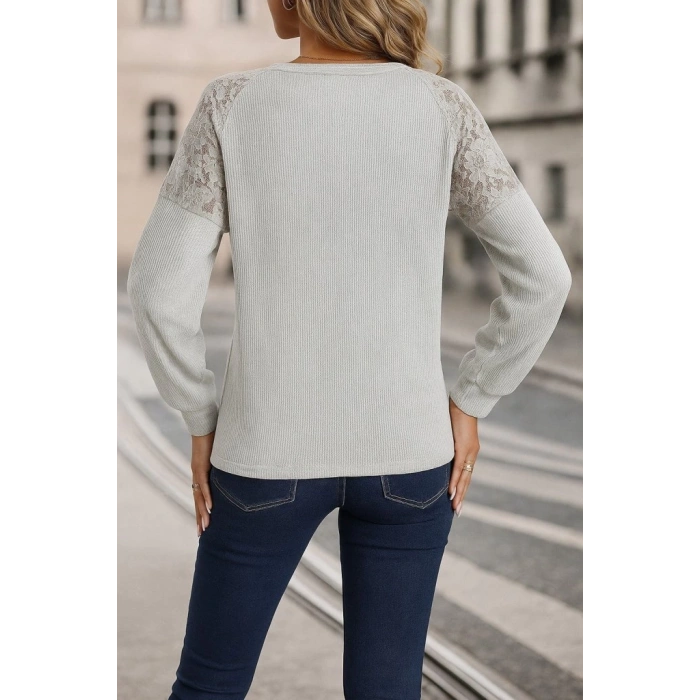 Kadın Uzun Kollu V Yakalı Dantelli Waffle Bluz