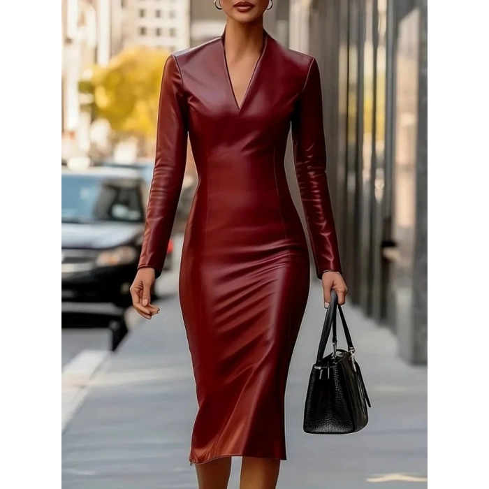 Kadın Uzun Kollu V Yakalı Deri Midi Elbise