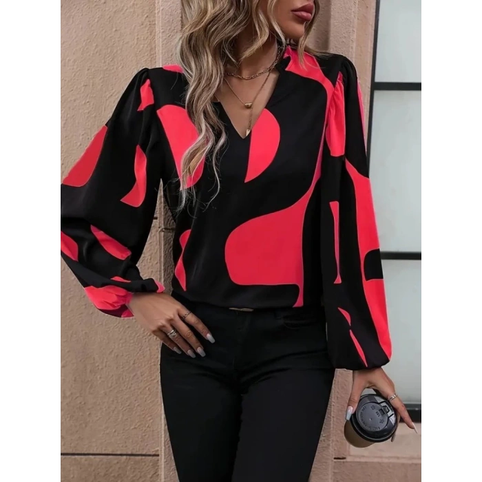 Kadın Uzun Kollu V Yakalı Desenli Modal Bluz
