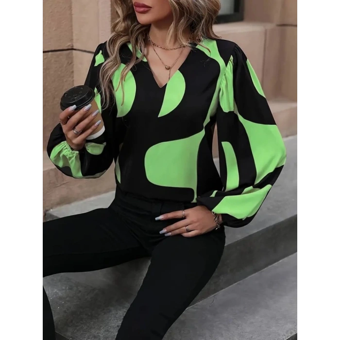 Kadın Uzun Kollu V Yakalı Desenli Modal Bluz