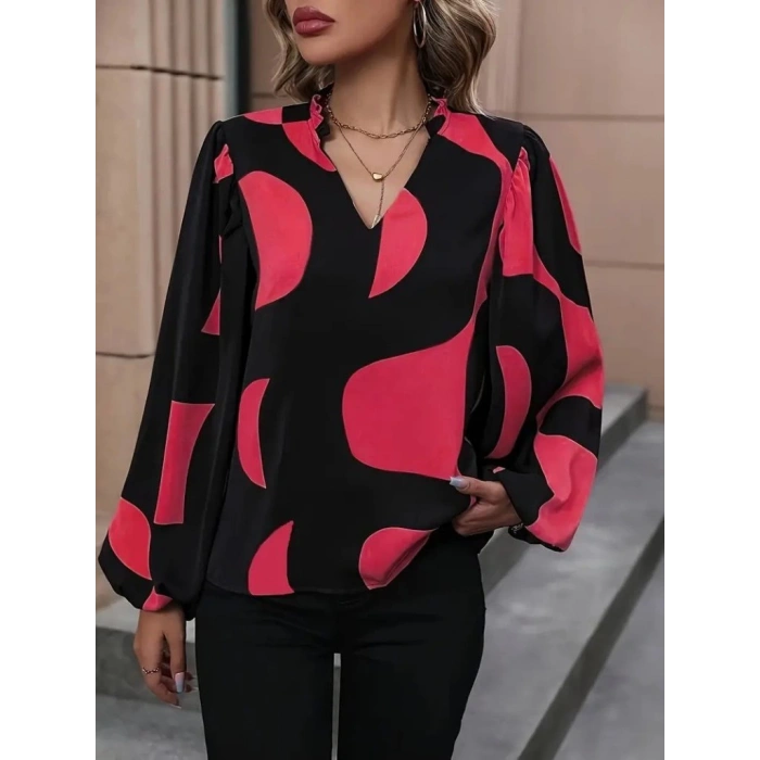Kadın Uzun Kollu V Yakalı Desenli Modal Bluz