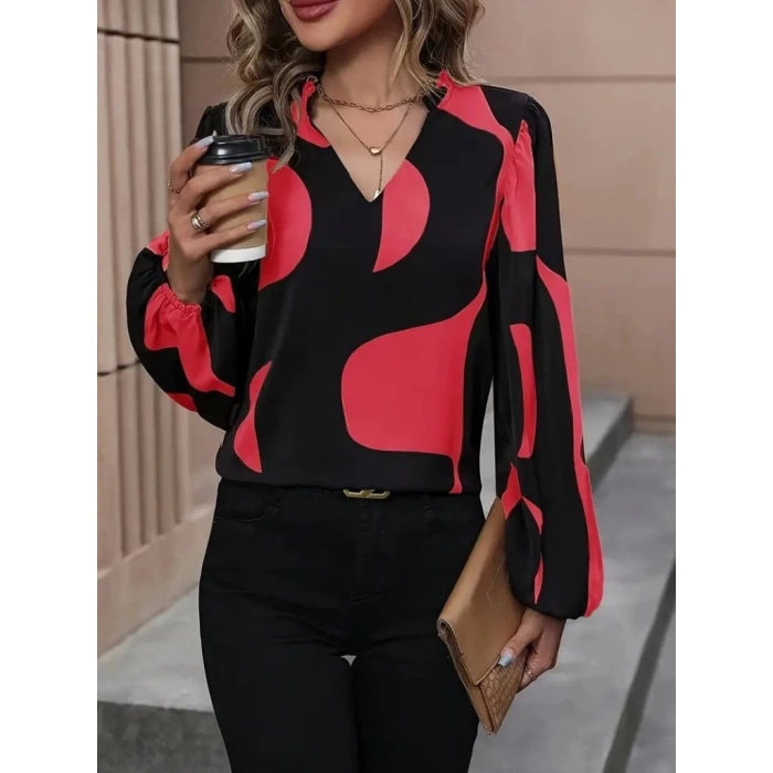 Kadın Uzun Kollu V Yakalı Desenli Modal Bluz