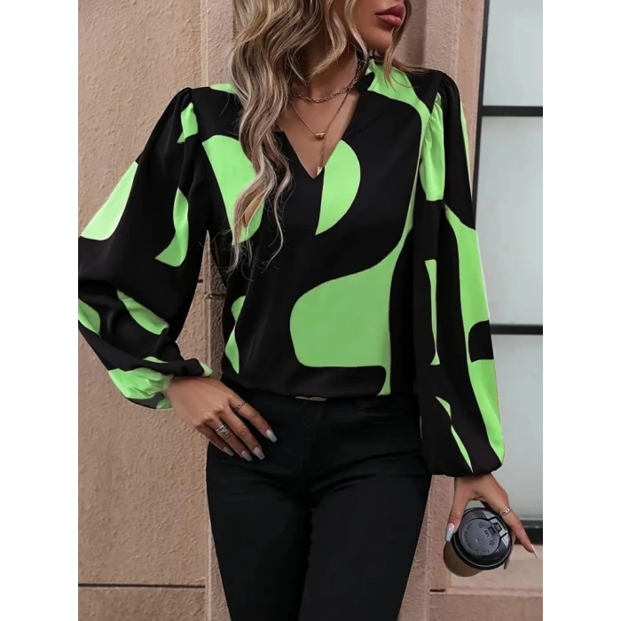 Kadın Uzun Kollu V Yakalı Desenli Modal Bluz