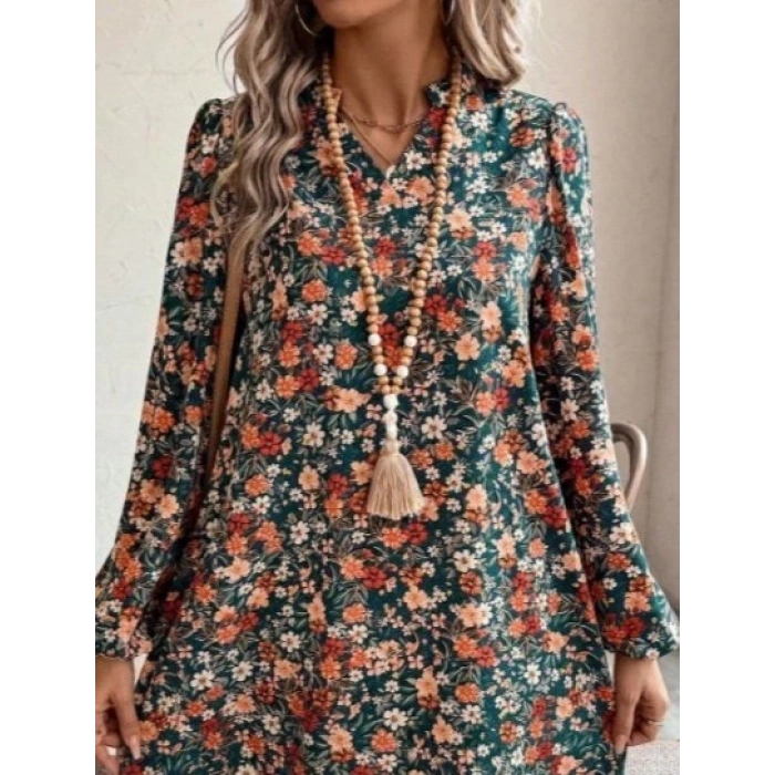 Kadın Uzun Kollu V Yakalı Desenli Modal Mini Elbise