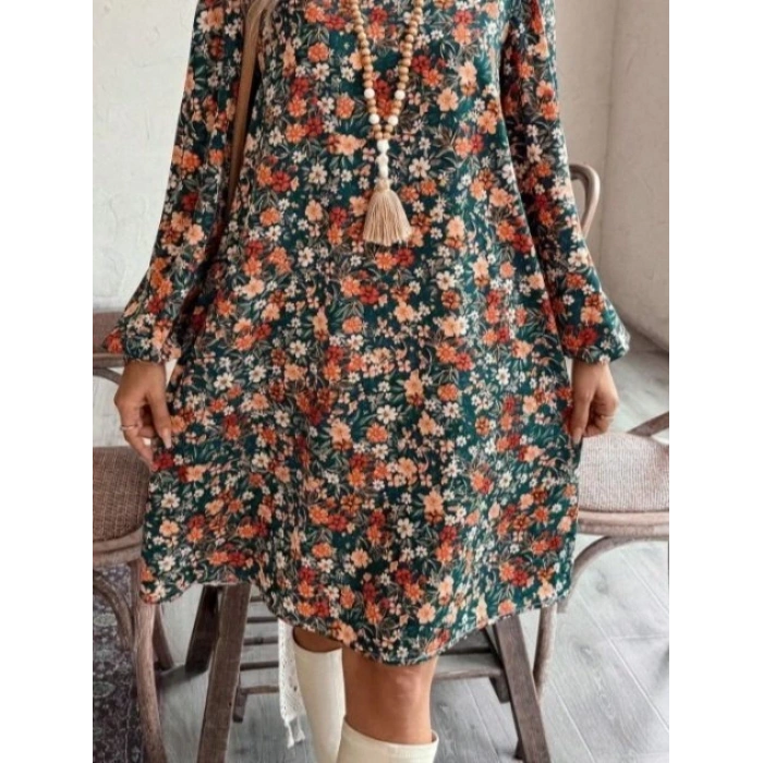 Kadın Uzun Kollu V Yakalı Desenli Modal Mini Elbise