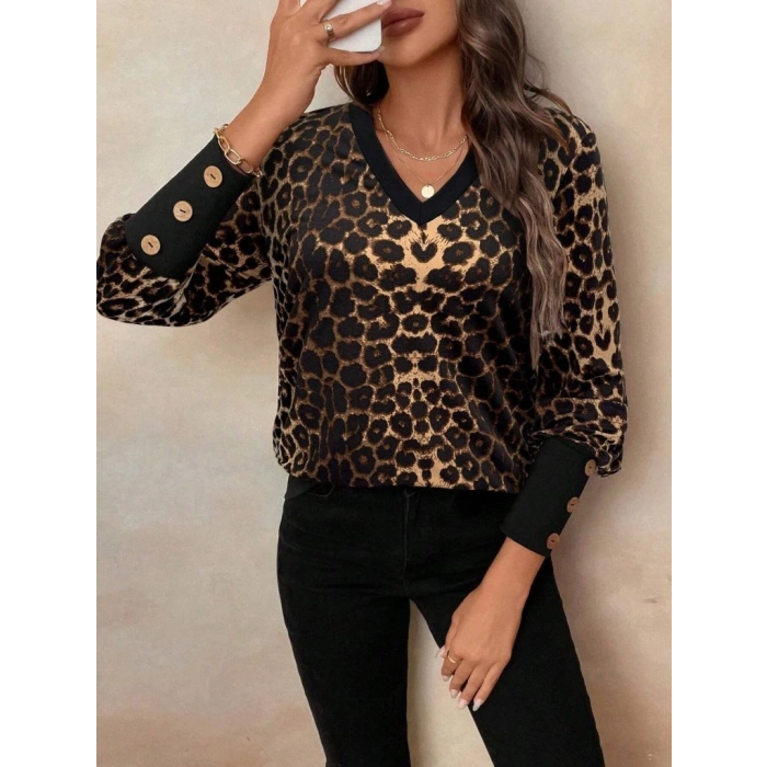 Kadın Uzun Kollu V Yakalı Desenli Süprem Bluz