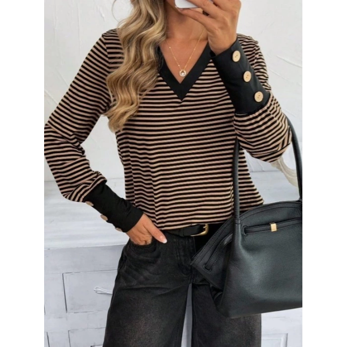 Kadın Uzun Kollu V Yakalı Desenli Süprem Bluz