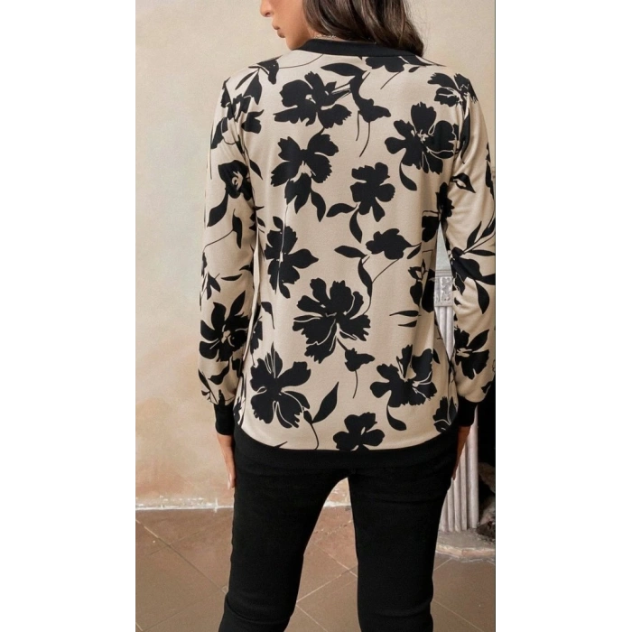 Kadın Uzun Kollu V Yakalı Desenli Süprem Bluz