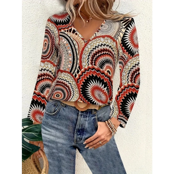 Kadın Uzun Kollu V Yakalı Desenli Süprem Bluz