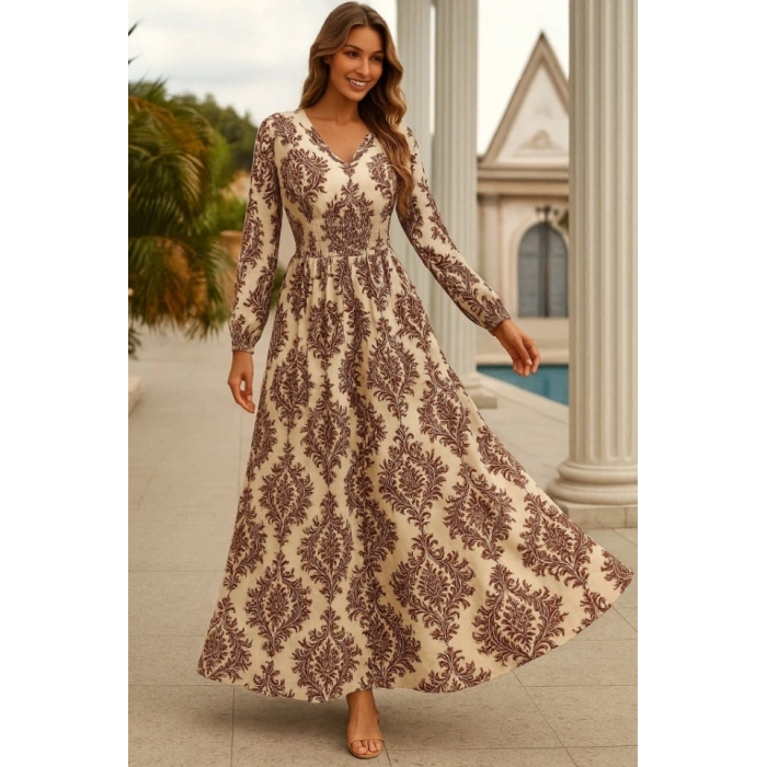 Kadın Uzun Kollu V Yakalı Desenli Süprem Elbise
