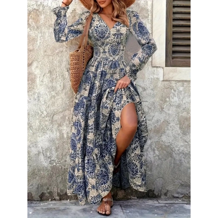 Kadın Uzun Kollu V Yakalı Desenli Süprem Elbise