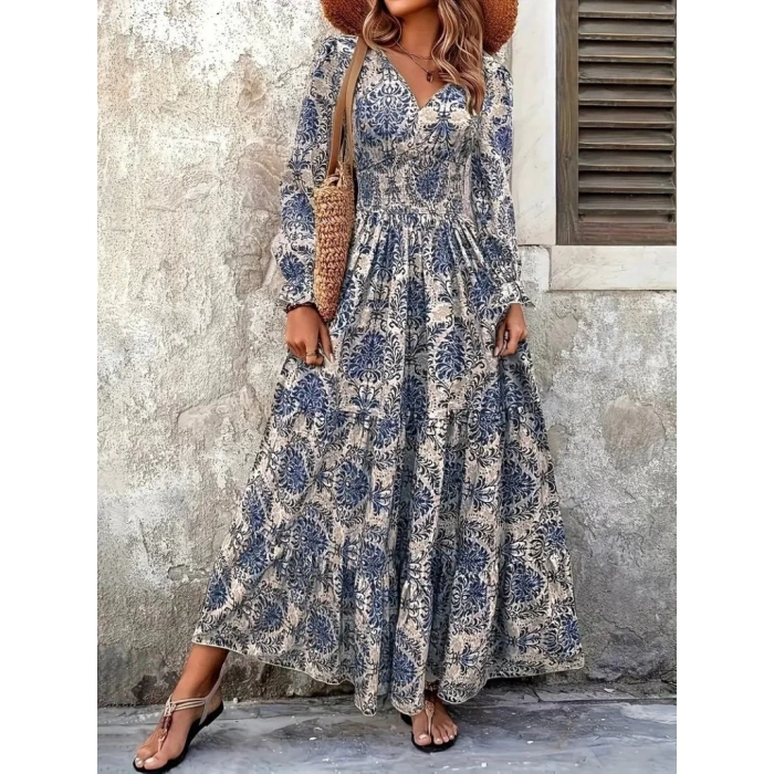 Kadın Uzun Kollu V Yakalı Desenli Süprem Elbise