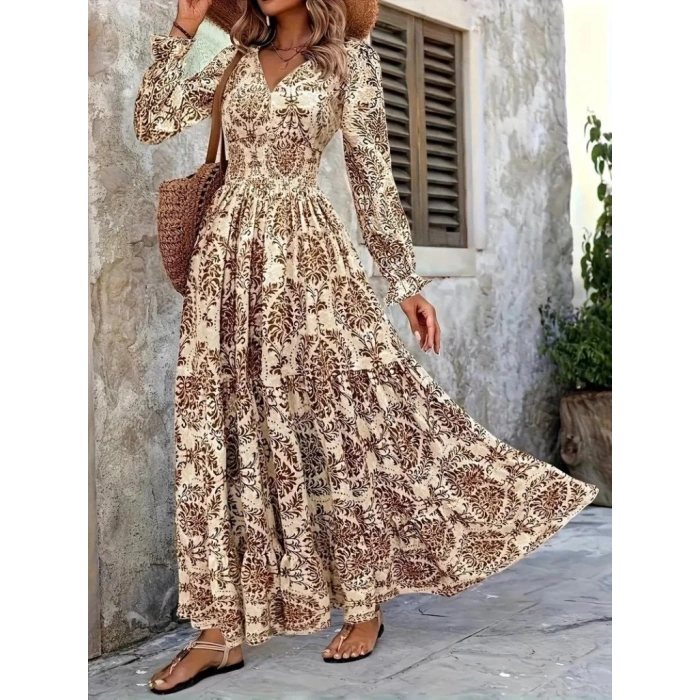 Kadın Uzun Kollu V Yakalı Desenli Süprem Elbise