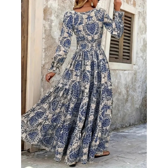 Kadın Uzun Kollu V Yakalı Desenli Süprem Elbise