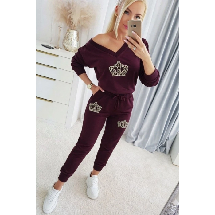 Kadın Uzun Kollu V Yakalı Desenli Viskon Iki Iplik Bluz Ve Pantolon Ikili Takım