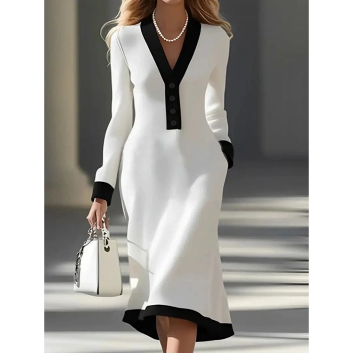 Kadın Uzun Kollu V Yakalı Düğmeli Midi Modal Elbise