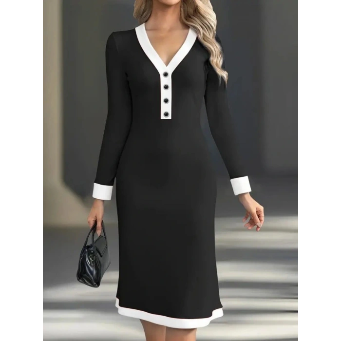 Kadın Uzun Kollu V Yakalı Düğmeli Midi Modal Elbise