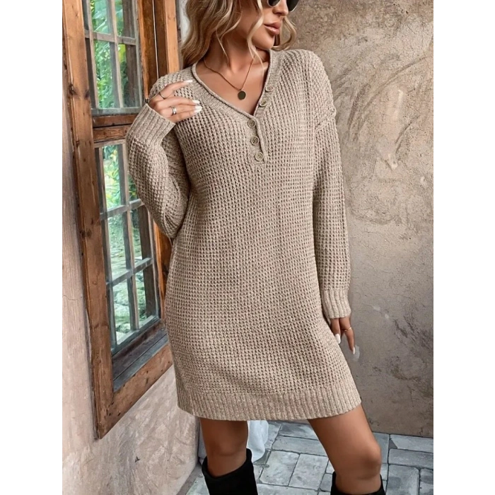 Kadın Uzun Kollu V Yakalı Düğmeli Mini Triko Taş Renkli Elbise