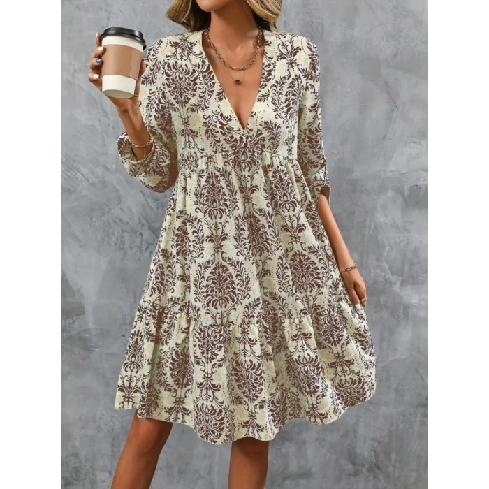 Kadın Uzun Kollu V Yakalı Fırfırlı Mini Süprem Elbise