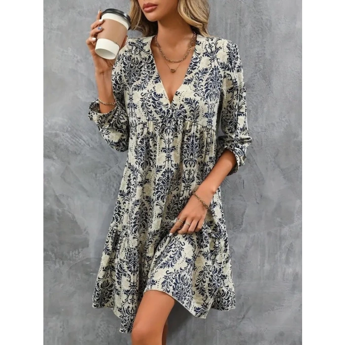 Kadın Uzun Kollu V Yakalı Fırfırlı Mini Süprem Elbise