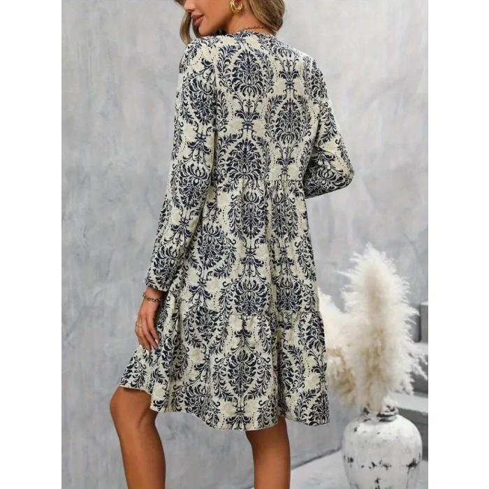 Kadın Uzun Kollu V Yakalı Fırfırlı Mini Süprem Elbise