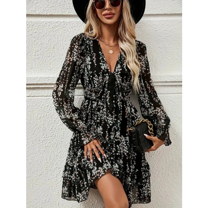 Kadın Uzun Kollu V Yakalı Fırfırlı Ve Bağcıklı şifon Mini Elbise