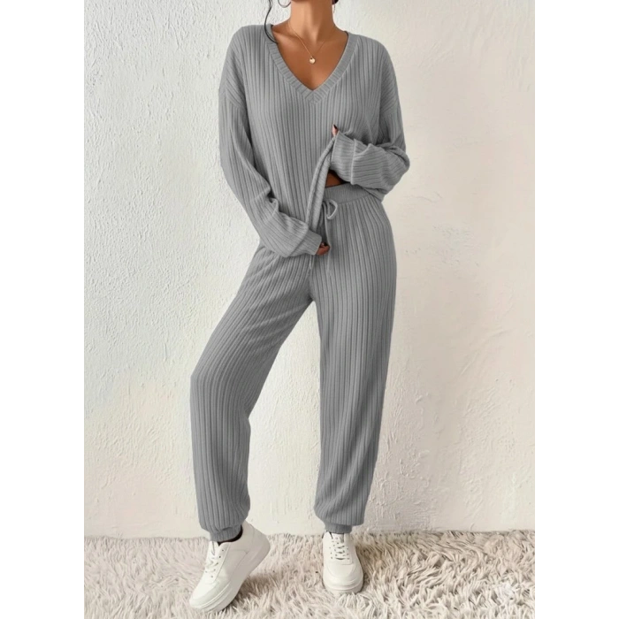 Kadın Uzun Kollu V Yakalı Kaşkorse Bluz Ve Pantolon Ikili Takım