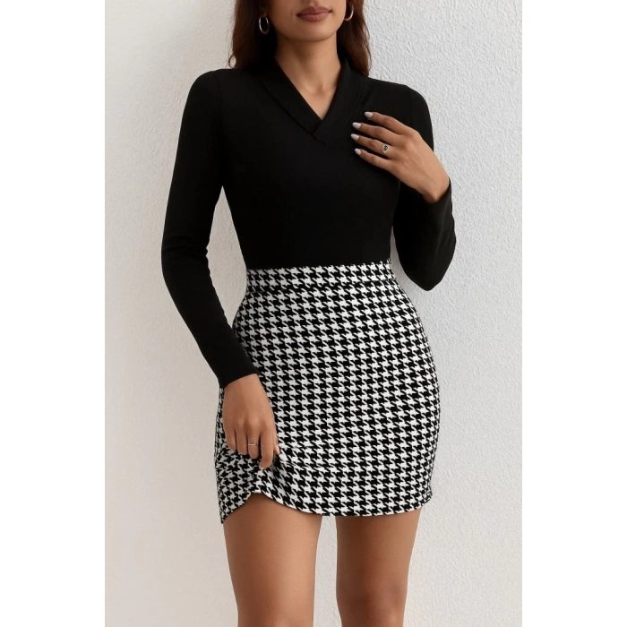 Kadın Uzun Kollu V Yakalı Kaz Ayağı Desenli şardonlu Dalgıç Elbise