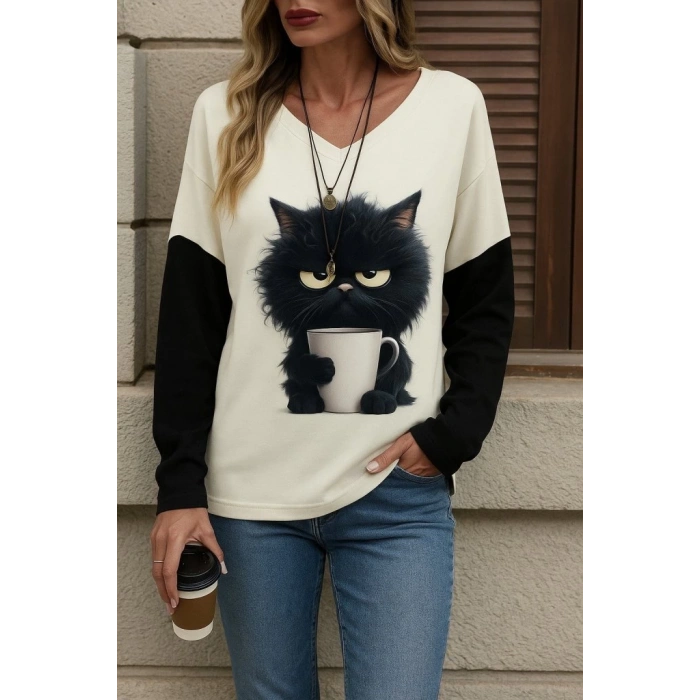 Kadın Uzun Kollu V Yakalı Kedi Baskılı şardonlu Dalgıç Bluz