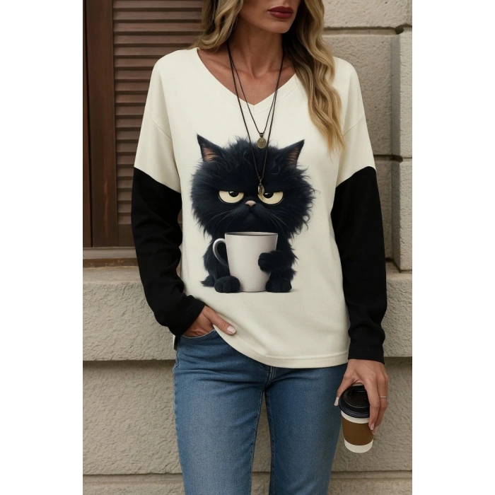 Kadın Uzun Kollu V Yakalı Kedi Baskılı şardonlu Dalgıç Bluz