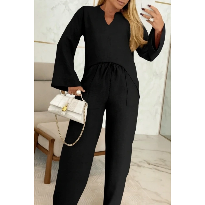 Kadın Uzun Kollu V Yakalı Keten Bluz Bağcıklı Pantolon Ikili Takım