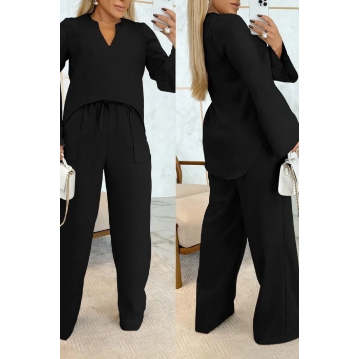 Kadın Uzun Kollu V Yakalı Keten Bluz Bağcıklı Pantolon Ikili Takım