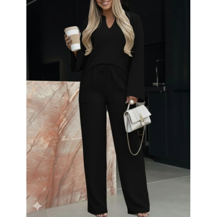 Kadın Uzun Kollu V Yakalı Keten Bluz Bağcıklı Pantolon Ikili Takım